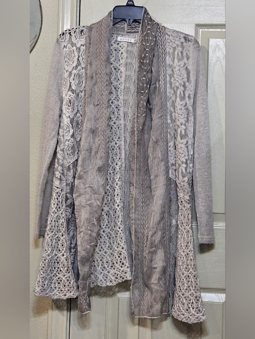 Adore Light Gray Mixed-Media Lace / Knit Cardigan